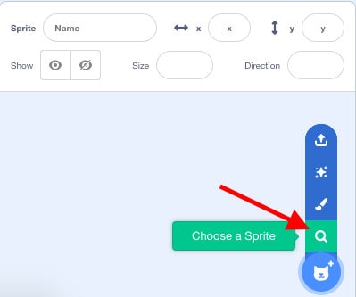 Choose a Sprite icon in the Sprite Pane with an arrow pointing towards the magnify glass.