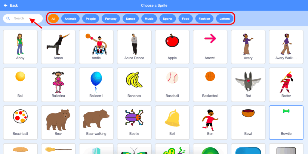 The options for your sprite characters when you click the search for a sprite button.
