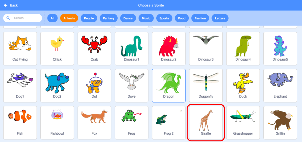 The options for your sprite characters when you click the search for a sprite button. Giraffe is highlighted to be picked.