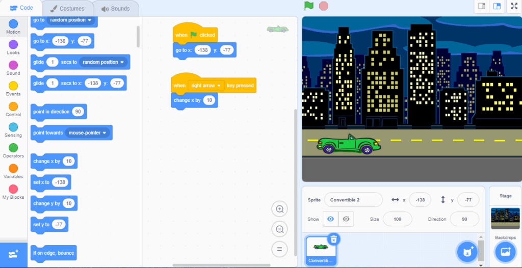 Motion block "Change x by 10" has been dragged over from the coding blocks.
