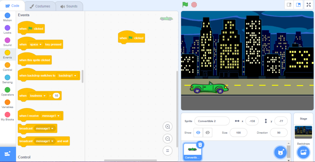 Code area of scratch with the When Green Flag clicked event brought into the code editor.