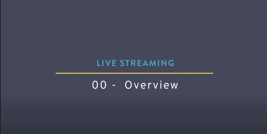 A blue/purple hued background with the words "Livestreaming" on the the top, a yellow line int he middle and below the yellow line it reads "00-Overview"