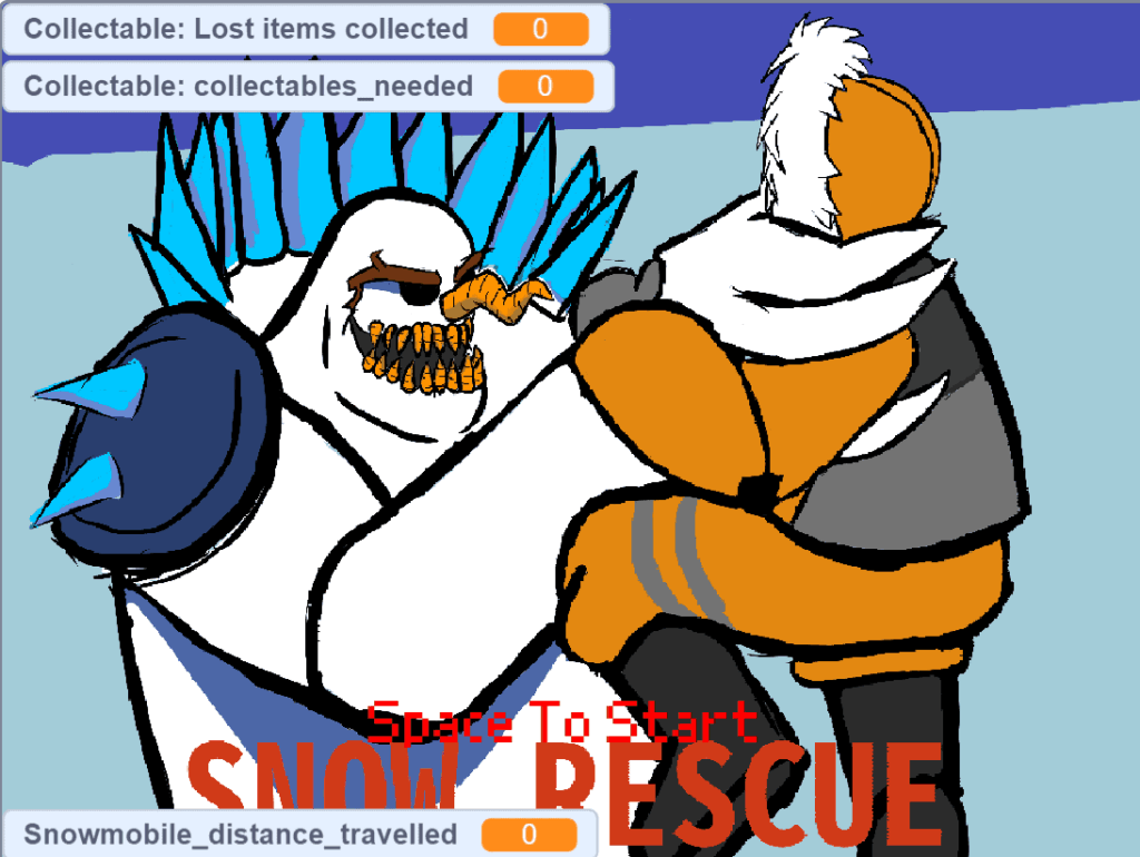 Snow rescue start screen. This is created on Scratch.