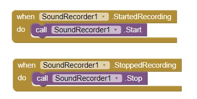 When the SoundRecorder1.StartedRecording event fires, the app calls SoundRecorder1.Start to begin recording, and when the SoundRecorder1.StoppedRecording event fires, it calls SoundRecorder1.Stop to end the recording.
