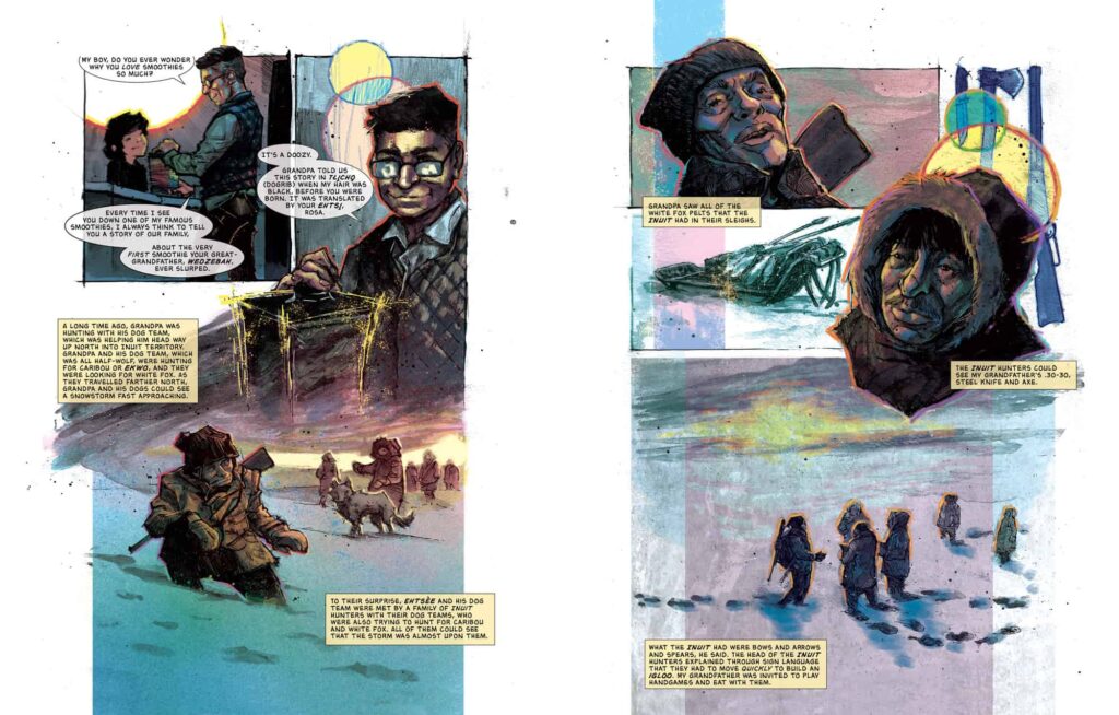 Spread 1 of Richard Van Camp's comic "Our Grandpa's Story: Pierre Washie." Illustration by Kyle Charles.