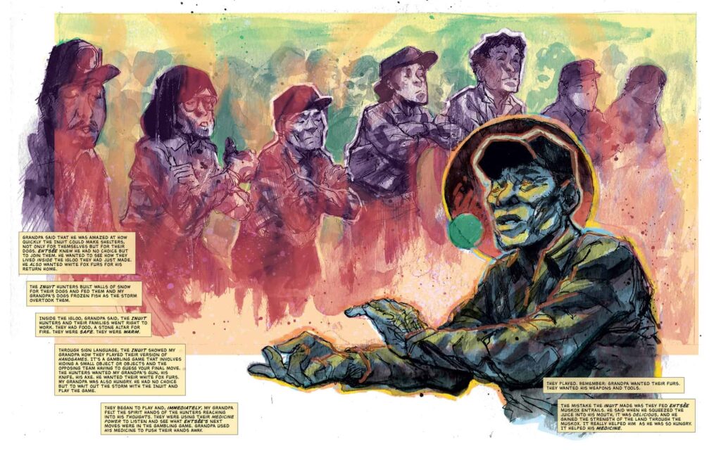 Spread 2 of Richard Van Camp's comic "Our Grandpa's Story: Pierre Washie." Illustration by Kyle Charles.
