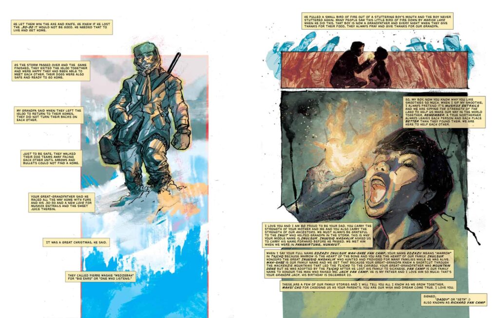 Spread 3 of Richard Van Camp's comic "Our Grandpa's Story: Pierre Washie." Illustration by Kyle Charles.