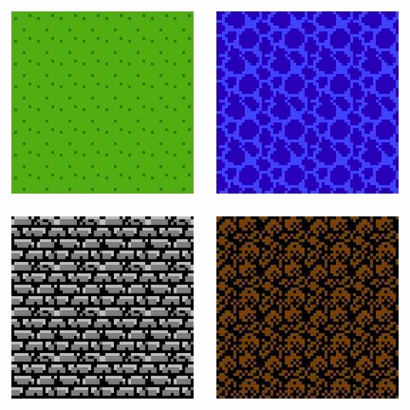 Seamless tiles of grass, water, and bricks for the NES-era.