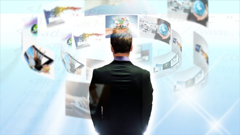 A person is standing in the middle of the image, with ideas swirling in front of them.