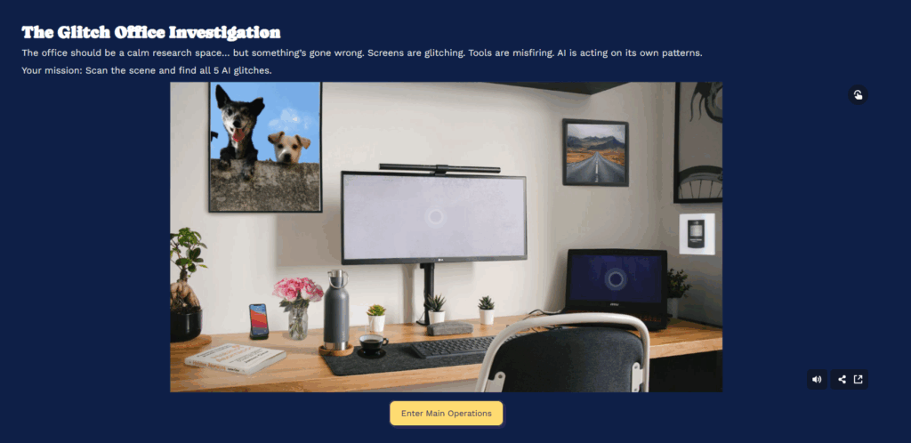 A dark navy-blue webpage titled "The Glitch Office Investigation" featuring a photo of a tidy wooden desk setup with an LG ultrawide monitor, laptop, flowers, plants, and a framed photo of two dogs on the wall. A yellow "Enter Main Operations" button appears below the image.
