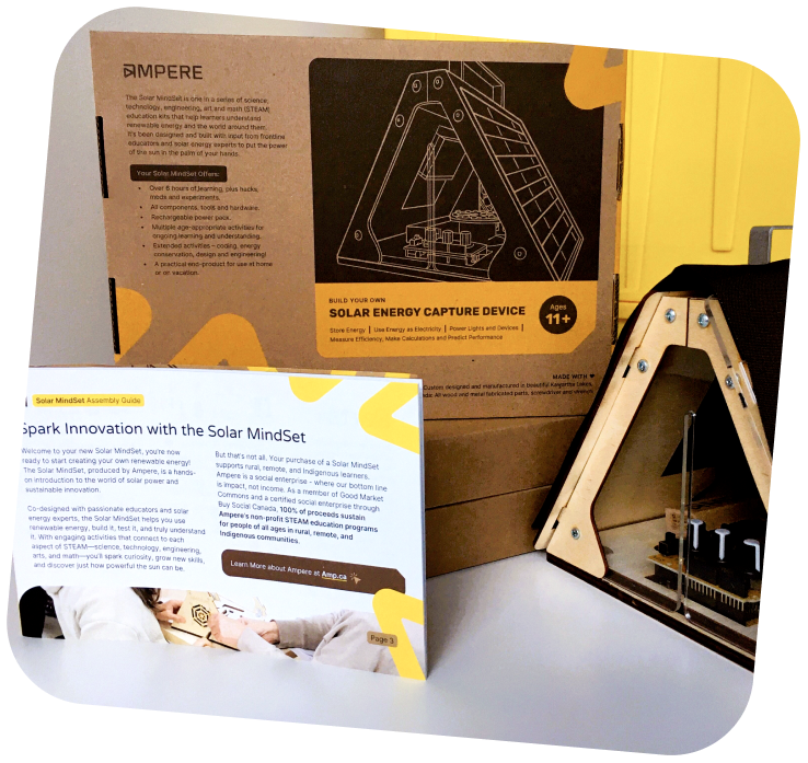 Ampere's Solar Mindset kit displayed outside of the box. The instructions to assemble are to the left hand side.