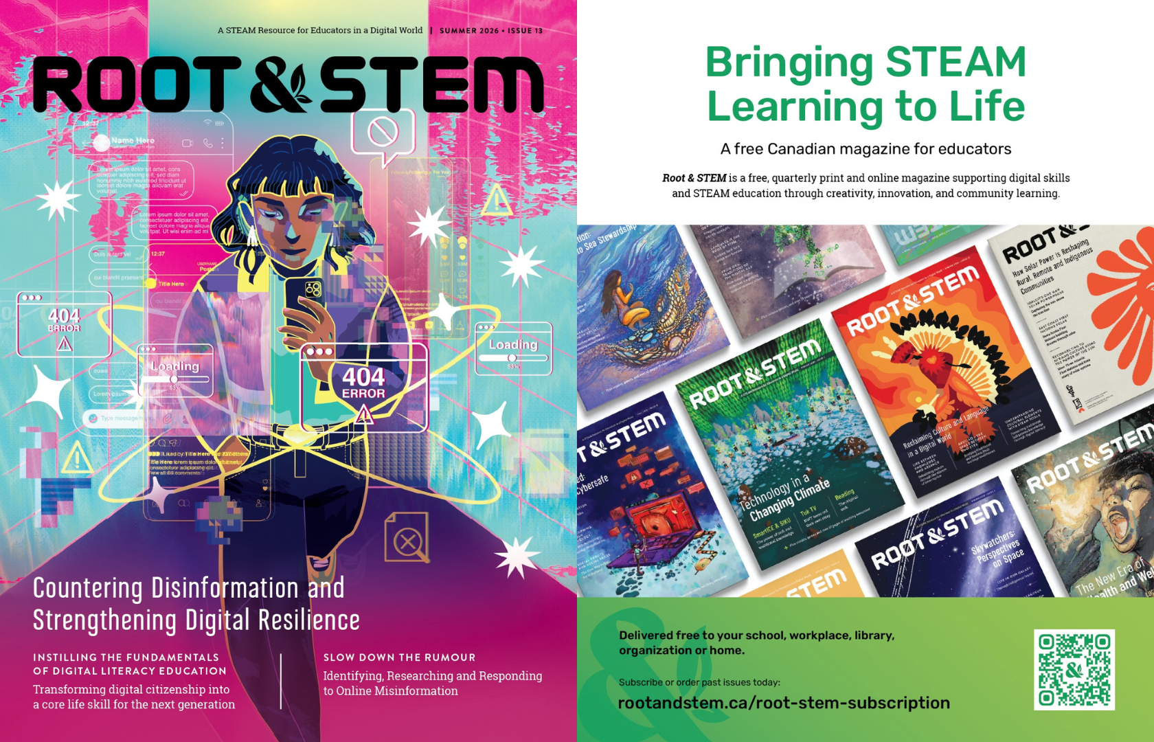 A preview slide of Root & STEM 13 shows an illustration of a young person surrounded by digital media. It's titled Root & STEM Countering Disinformation and Strengthening Digital Resilience. The left side featured a title of Bringing STEAM Learning to Life, a free magazine for Canadian Educators.